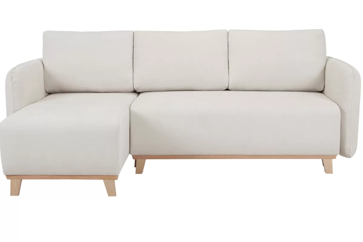 Miliboo Sofá Cama | Sofá Esquinero-Sofá cama chaise longue reversible 3-4 plazas de tejido efecto aterciopelado texturizado beige y madera clara ROMANE