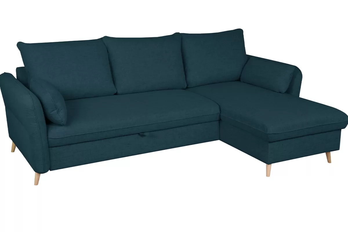 Miliboo Sofá Cama | Sofá Esquinero-Sofá cama con chaise longue 3-4 plazas con canapé de tela azul marino y madera clara DRISS