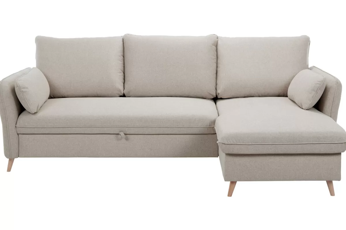 Miliboo Sofá Cama | Sofá Esquinero-Sofá cama con chaise longue 3-4 plazas con canapé de tela beige y madera clara DRISS
