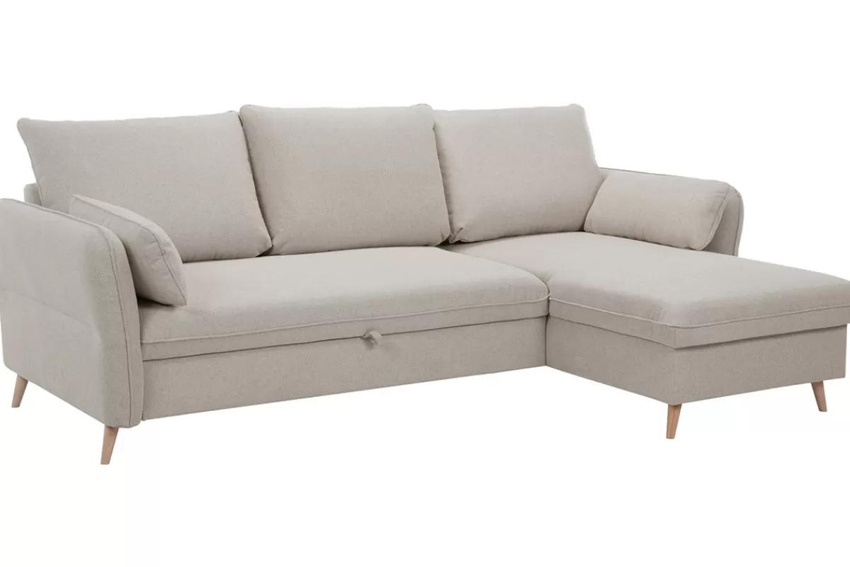 Miliboo Sofá Cama | Sofá Esquinero-Sofá cama con chaise longue 3-4 plazas con canapé de tela beige y madera clara DRISS