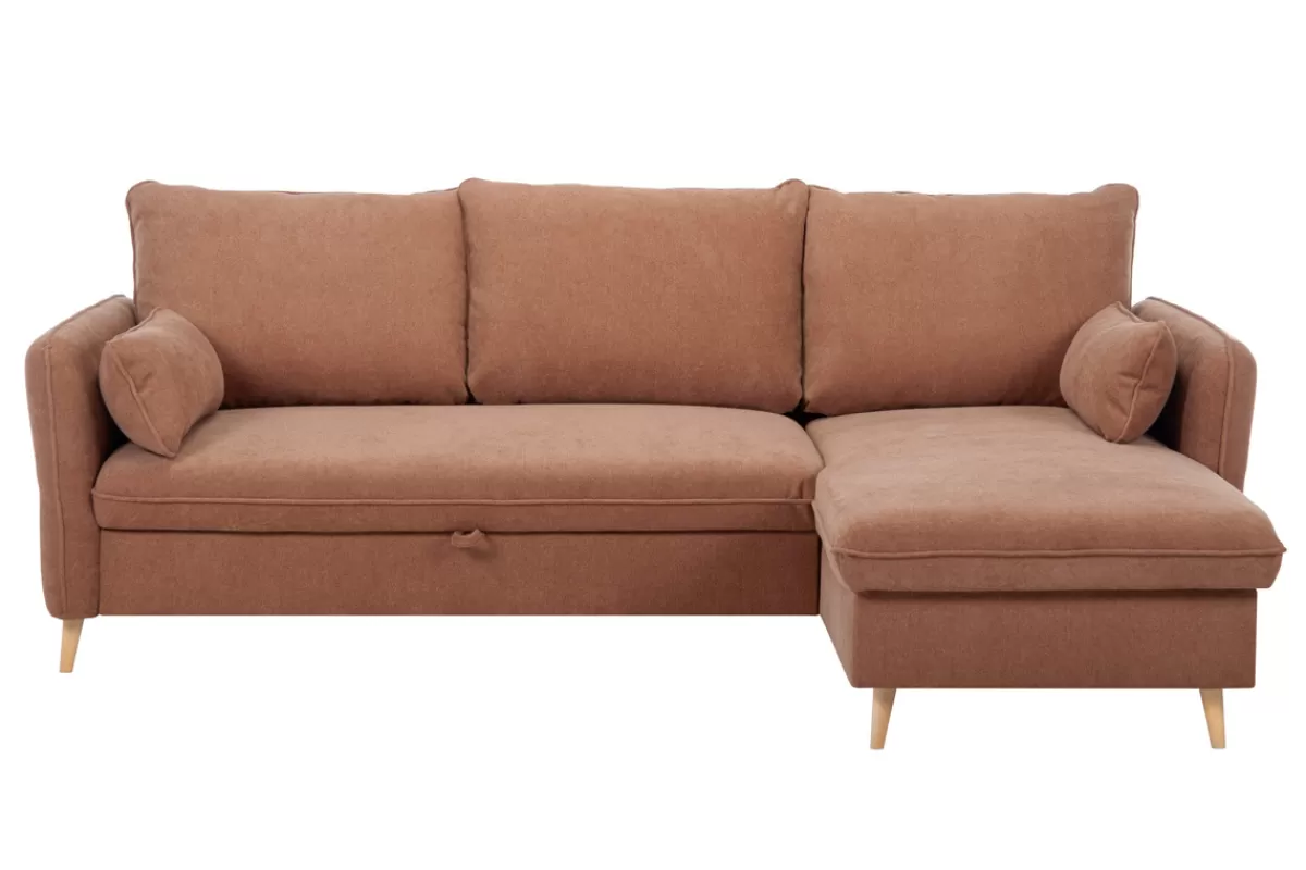 Miliboo Sofá Cama | Sofá Esquinero-Sofá cama con chaise longue 3-4 plazas con canapé de tela color terracota y madera clara DRISS