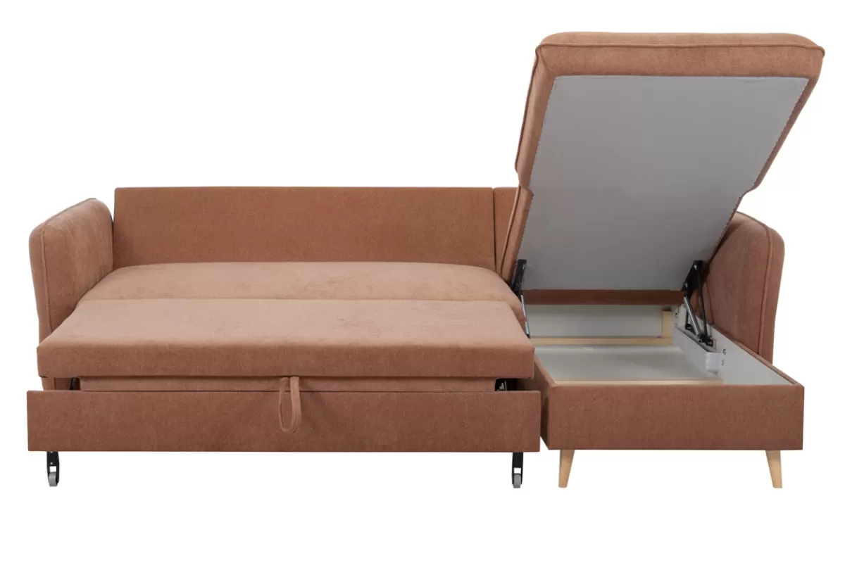 Miliboo Sofá Cama | Sofá Esquinero-Sofá cama con chaise longue 3-4 plazas con canapé de tela color terracota y madera clara DRISS