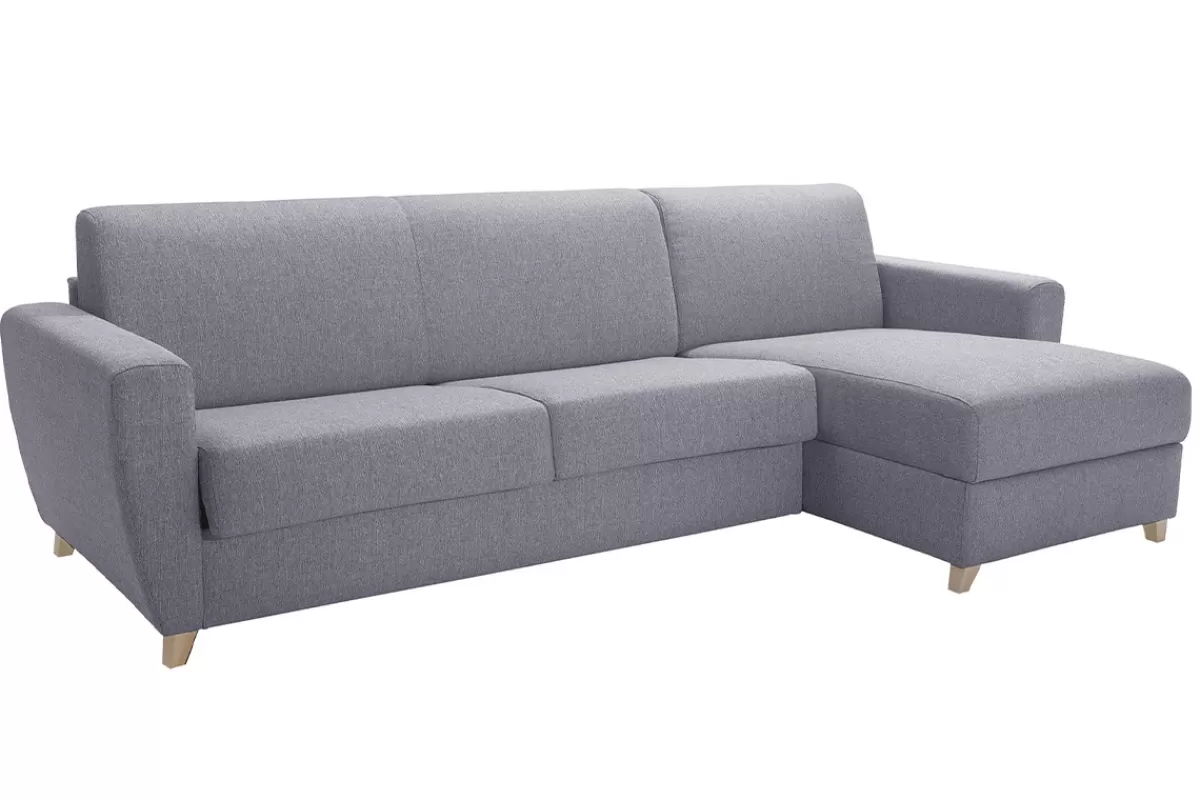 Miliboo Sofá Cama | Sofá Esquinero-Sofá cama con chaise longue reversible con canapé 4 plazas de tela gris y madera clara GRAHAM