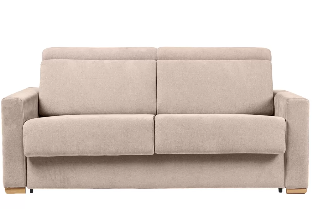 Miliboo Sofá Cama-Sofá cama convertible de 3 plazas en tela de efecto terciopelo beige con reposacabezas ajustables y colchón de 18 cm NORO
