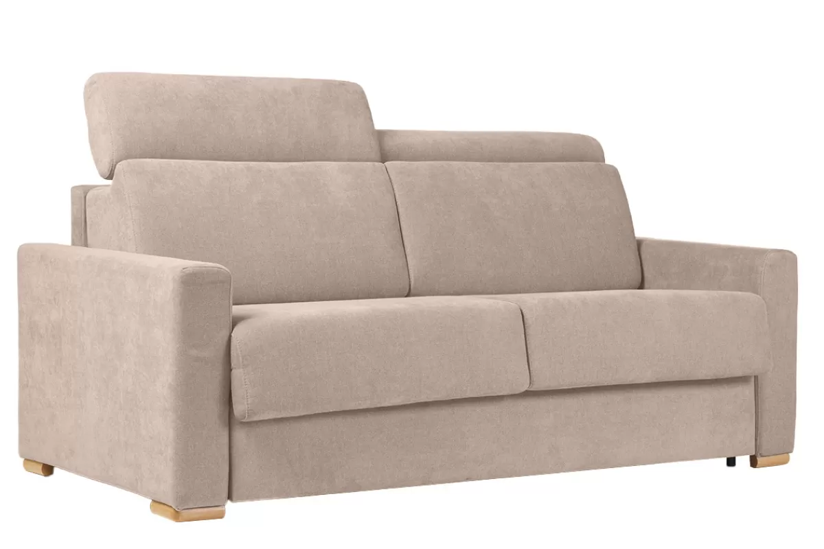 Miliboo Sofá Cama-Sofá cama convertible de 3 plazas en tela de efecto terciopelo beige con reposacabezas ajustables y colchón de 18 cm NORO