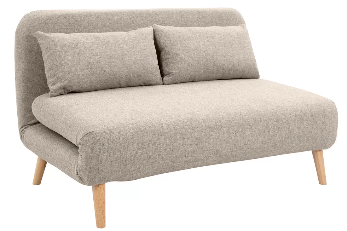 Miliboo Sofá Cama | Sillones Cama-Sofá cama de 2 plazas convertible en tela topo y madera clara AMIKO