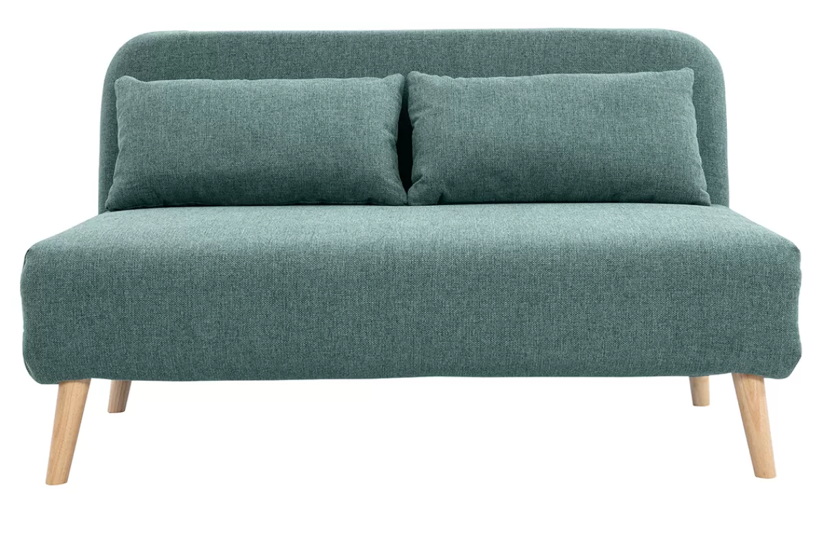 Miliboo Sofá Cama | Sillones Cama-Sofá cama de 2 plazas convertible en tela verde gris y madera clara AMIKO