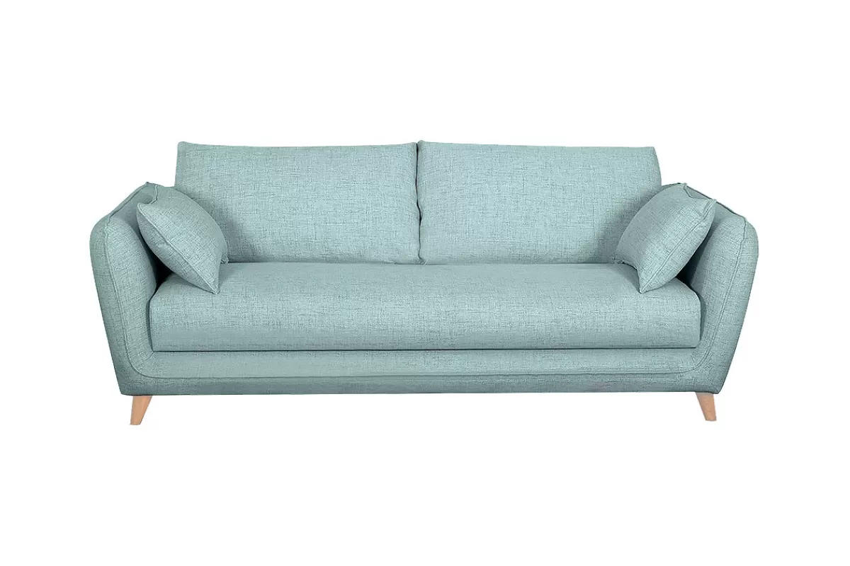 Miliboo Sofá Cama-Sofá cama nórdico 3 plazas de tela azul hielo con colchón de 10 cm CREEP