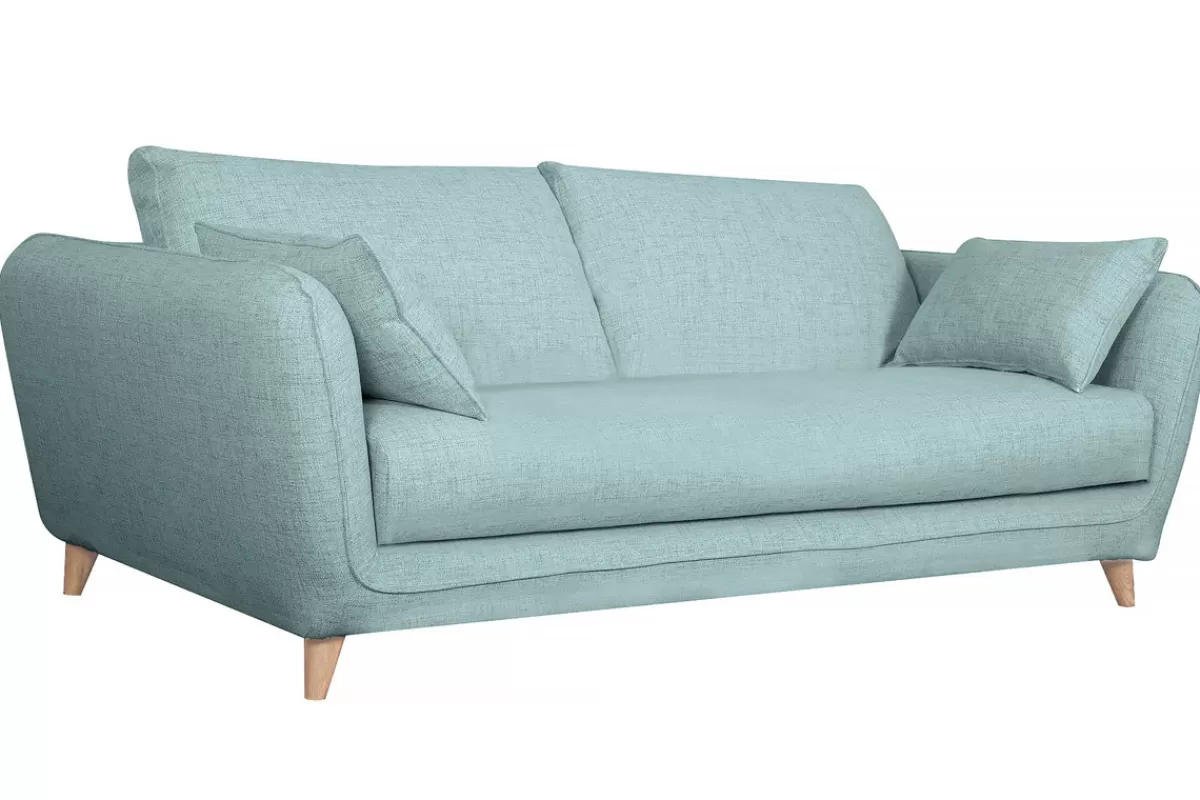 Miliboo Sofá Cama-Sofá cama nórdico 3 plazas de tela azul hielo con colchón de 10 cm CREEP