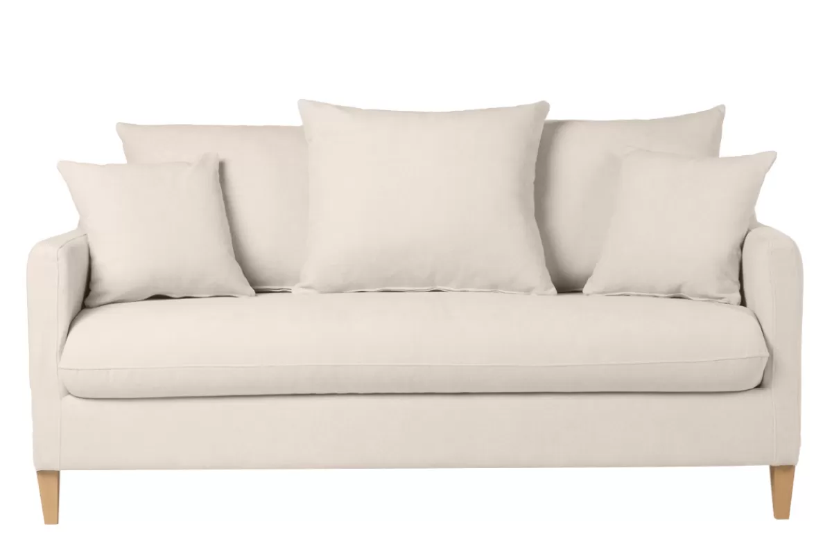 Miliboo Sofá Cama-Sofá cama nórdico 3 plazas de tela efecto aterciopelado beige y madera clara LOUISE