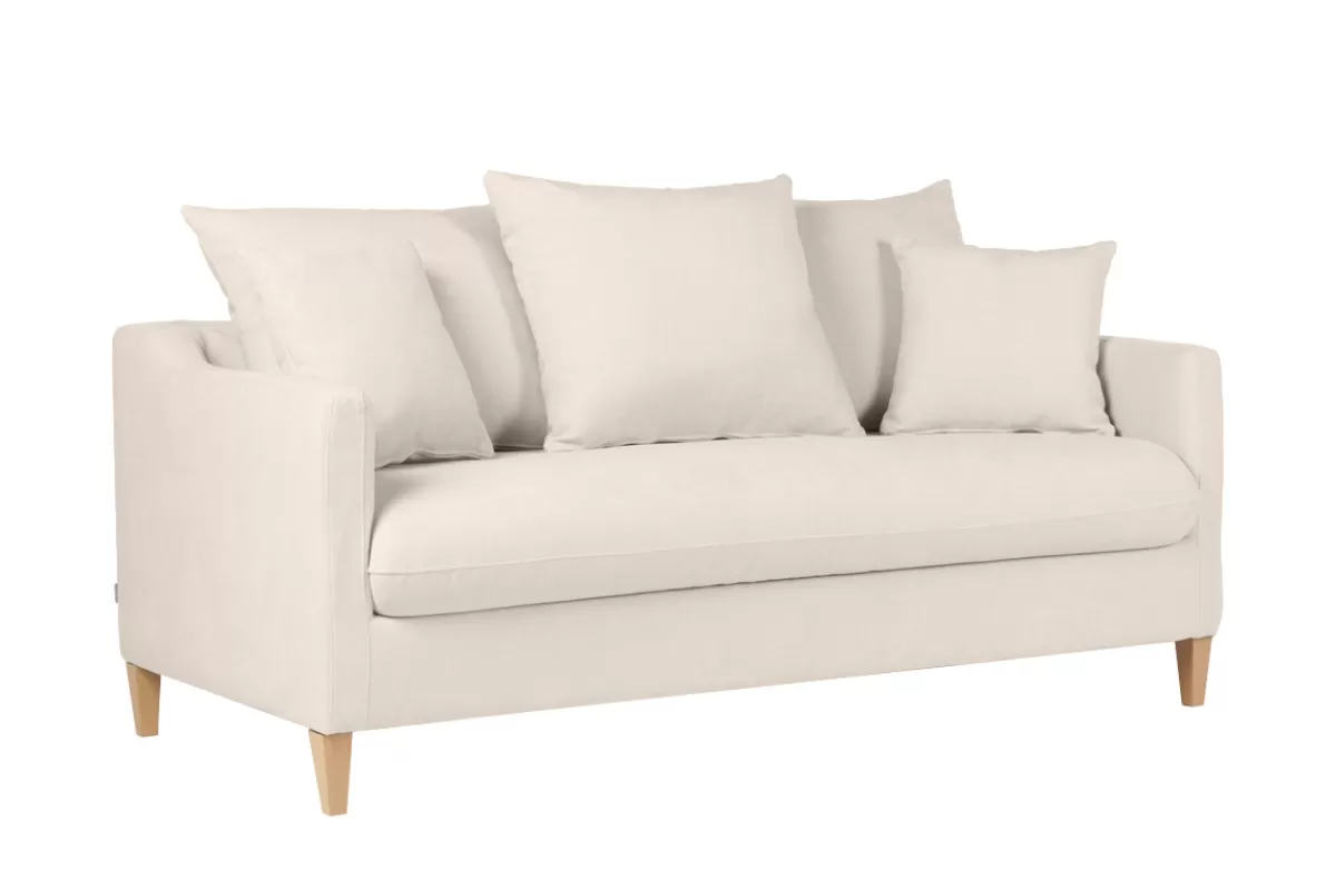 Miliboo Sofá Cama-Sofá cama nórdico 3 plazas de tela efecto aterciopelado beige y madera clara LOUISE