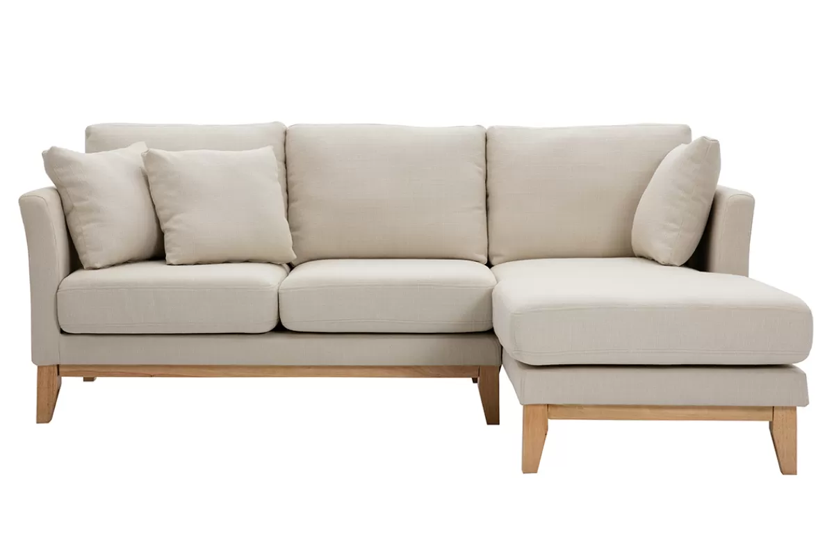 Miliboo Sofá Esquinero-Sofá chaise longue a la derecha beige y madera clara 4 plazas desenfundable OSLO