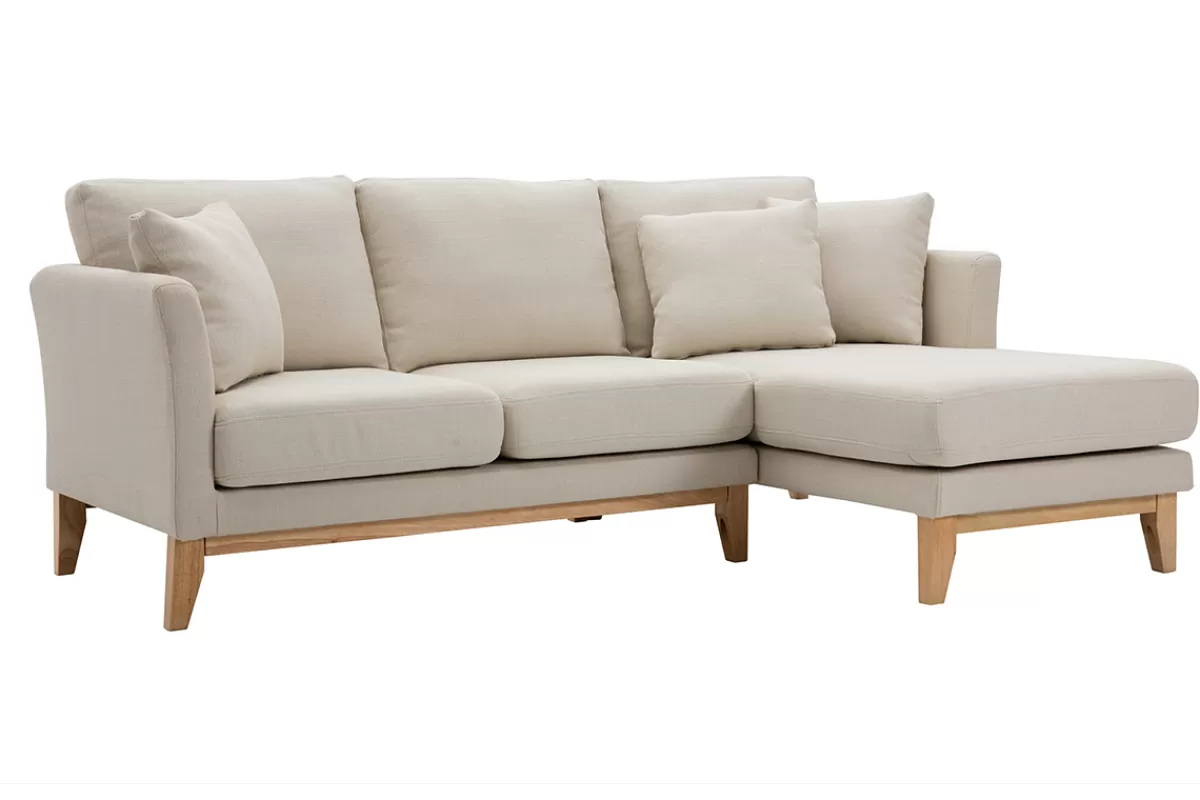 Miliboo Sofá Esquinero-Sofá chaise longue a la derecha beige y madera clara 4 plazas desenfundable OSLO