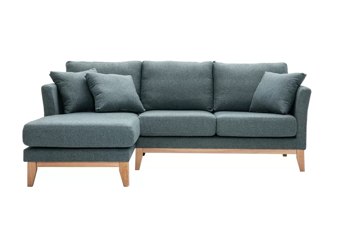 Miliboo Sofá Esquinero-Sofá chaise longue a la izquierda nórdico desenfundable verde grisáceo y madera clara 3-4 plazas OSLO