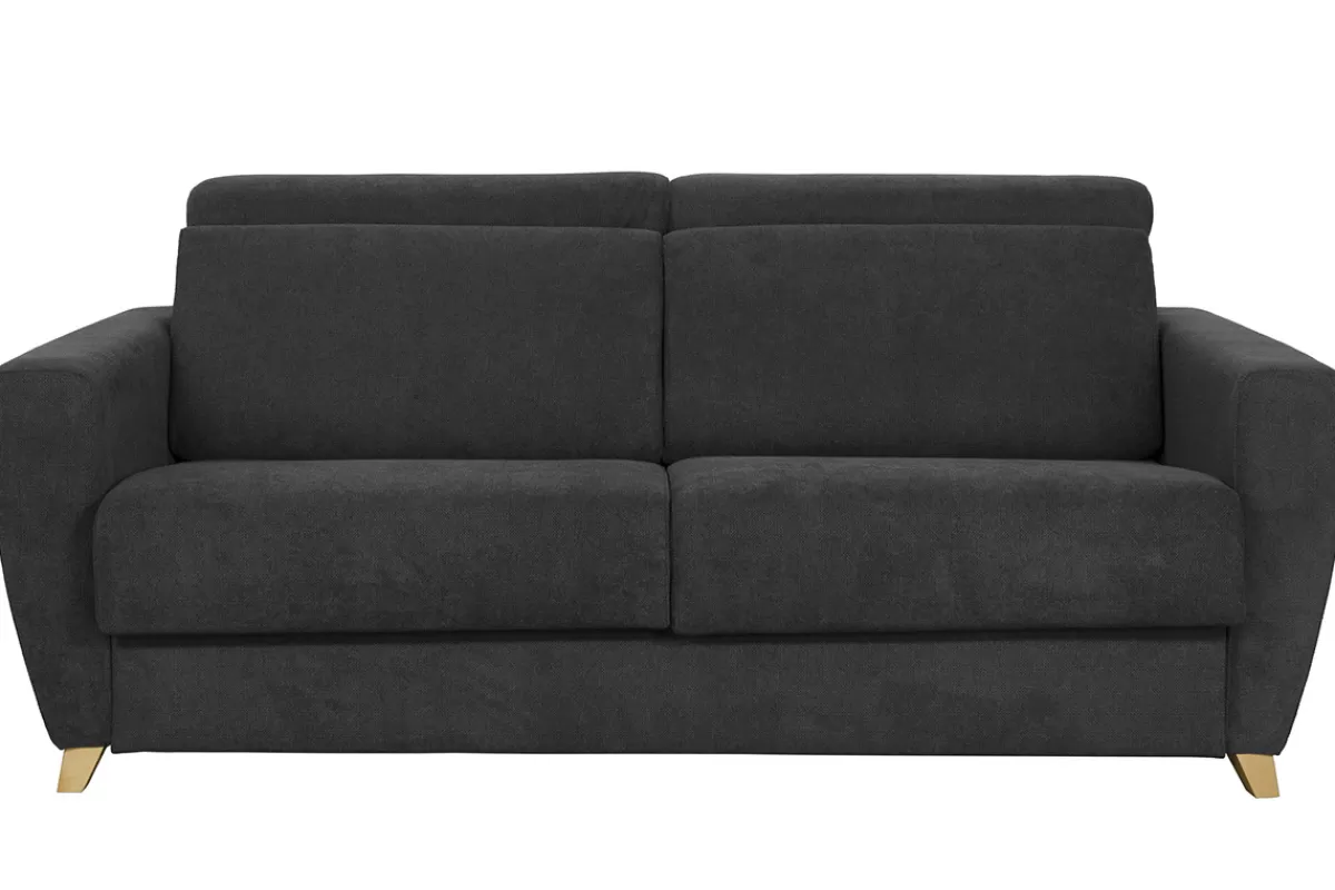 Miliboo Sofá Cama-Sofá convertible 3 plazas con reposacabezas ajustables efecto terciopelo gris oscuro GOYA