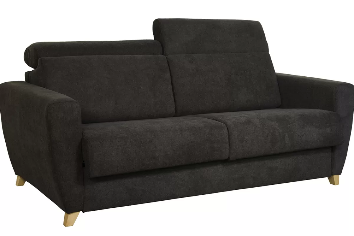 Miliboo Sofá Cama-Sofá convertible 3 plazas con reposacabezas ajustables efecto terciopelo gris oscuro GOYA