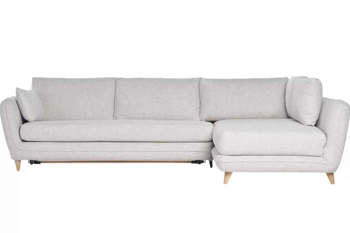Miliboo Sofá Cama | Sofá Esquinero-Sofá de esquina convertible derecho escandinavo de 5 plazas en tejido gris claro jaspeado y madera clara CREEP