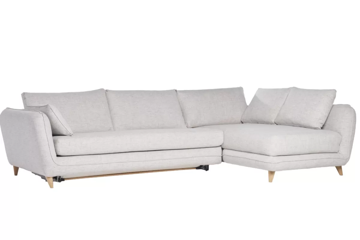 Miliboo Sofá Cama | Sofá Esquinero-Sofá de esquina convertible derecho escandinavo de 5 plazas en tejido gris claro jaspeado y madera clara CREEP