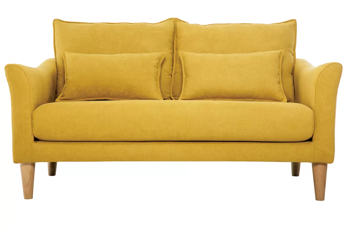 Miliboo Sofá De Diseño-Sofá de estilo nórdico tejido amarillo mostaza con efecto aterciopelado 2 plazas KATE