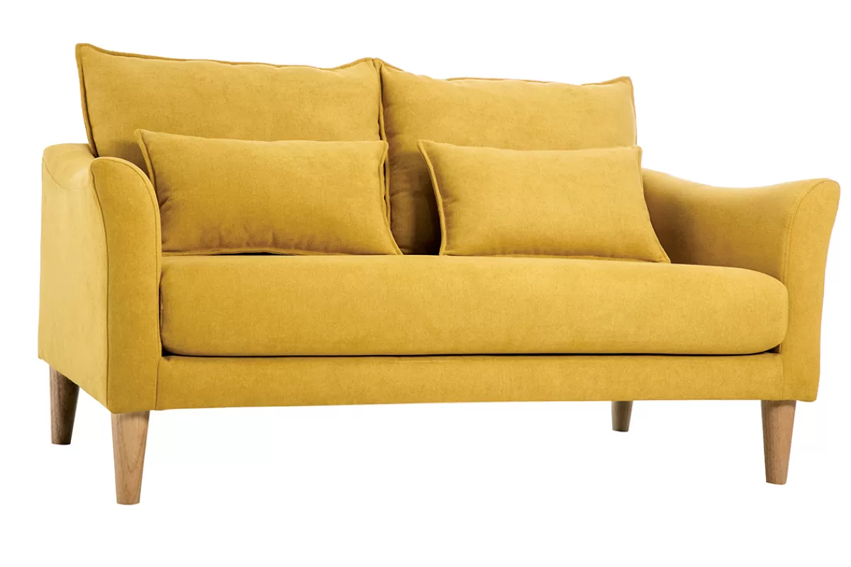 Miliboo Sofá De Diseño-Sofá de estilo nórdico tejido amarillo mostaza con efecto aterciopelado 2 plazas KATE