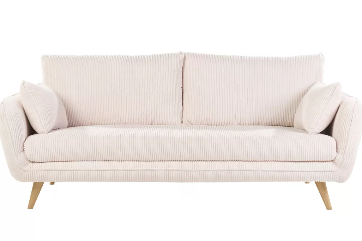 Miliboo Sofá De Diseño-Sofá escandinavo de 3 plazas en terciopelo acanalado color crema y madera clara CREEP