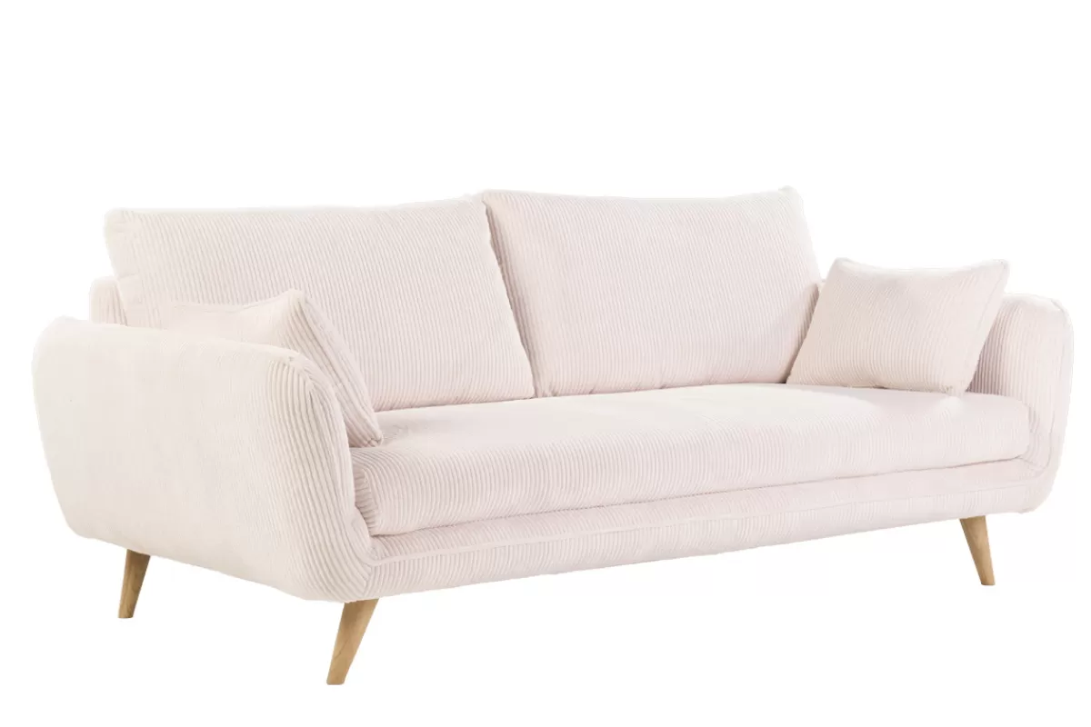 Miliboo Sofá De Diseño-Sofá escandinavo de 3 plazas en terciopelo acanalado color crema y madera clara CREEP