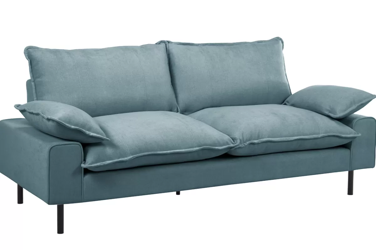 Miliboo Sofá De Diseño-Sofá moderno 3 plazas de tejido efecto aterciopelado texturizado azul grisáceo y metal negro DORY
