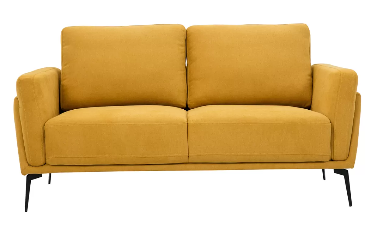 Miliboo Sofá De Diseño-Sofá moderno 2 plazas de tela efecto aterciopelado texturizado amarillo mostaza y metal negro MOSCO