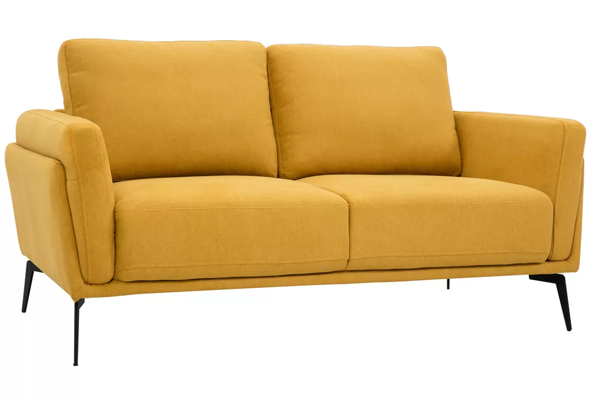 Miliboo Sofá De Diseño-Sofá moderno 2 plazas de tela efecto aterciopelado texturizado amarillo mostaza y metal negro MOSCO