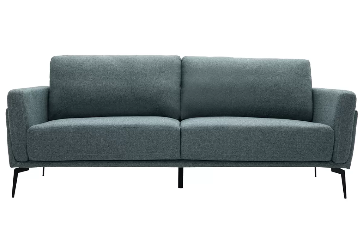 Miliboo Sofá De Diseño-Sofá moderno 3 plazas de tela efecto aterciopelado texturizado verde grisáceo y metal negro MOSCO