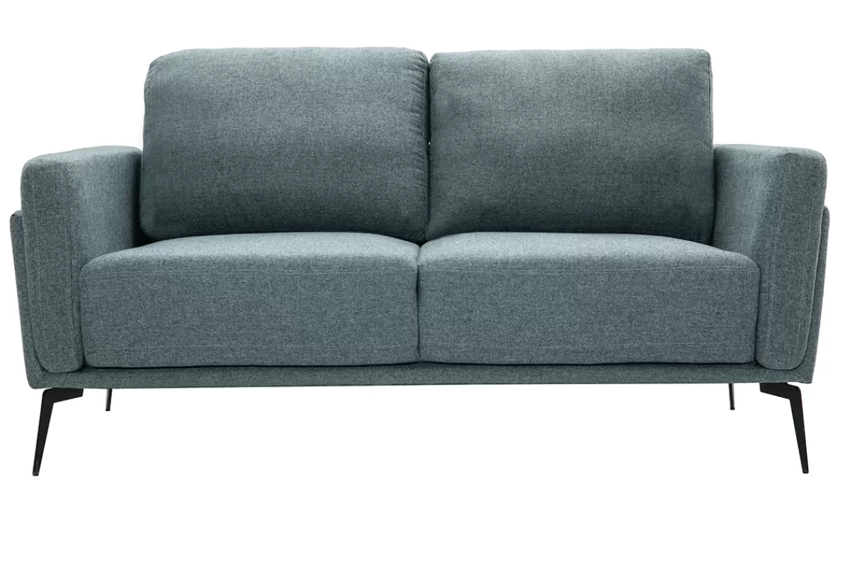 Miliboo Sofá De Diseño-Sofá moderno 2 plazas de tela efecto aterciopelado texturizado verde grisáceo y metal negro MOSCO