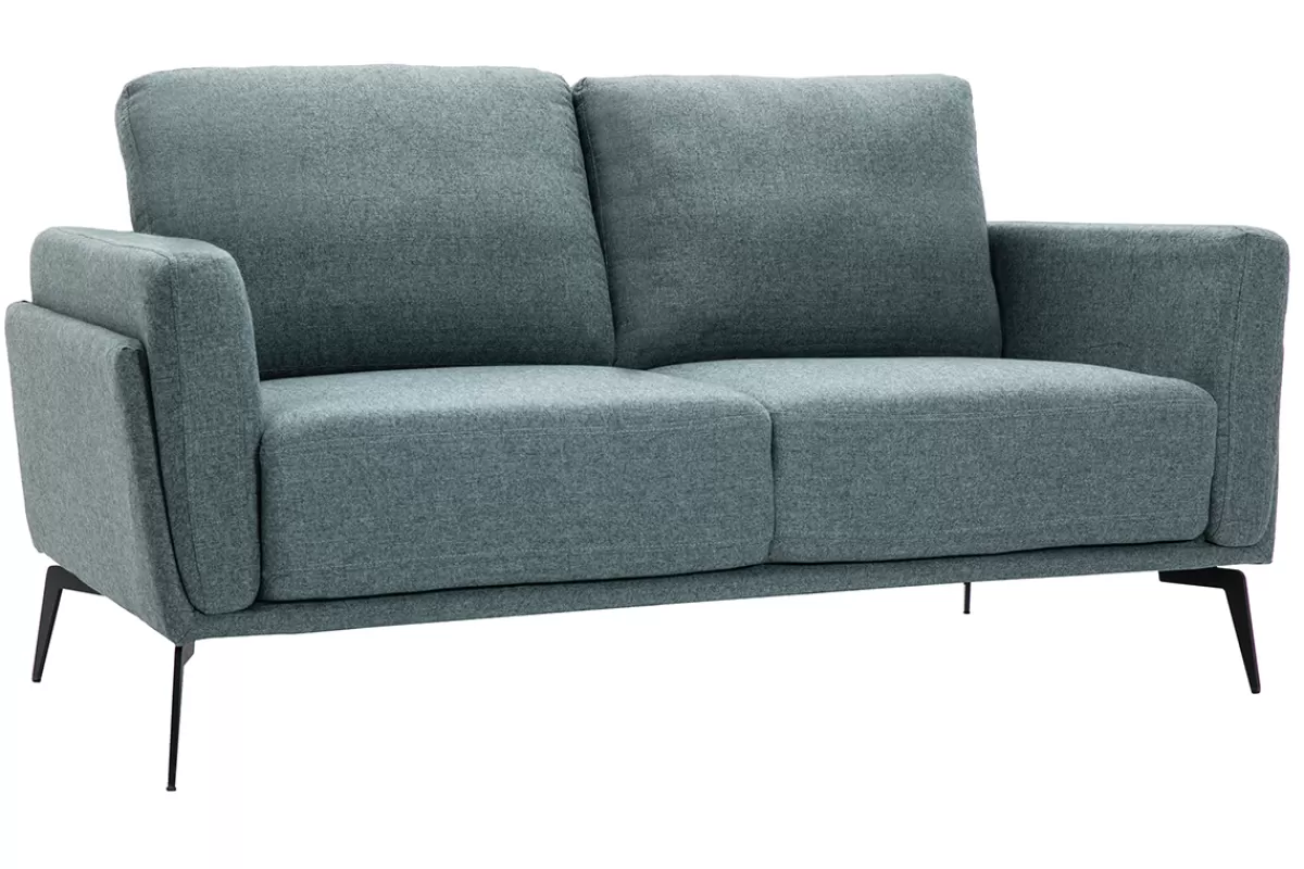 Miliboo Sofá De Diseño-Sofá moderno 2 plazas de tela efecto aterciopelado texturizado verde grisáceo y metal negro MOSCO