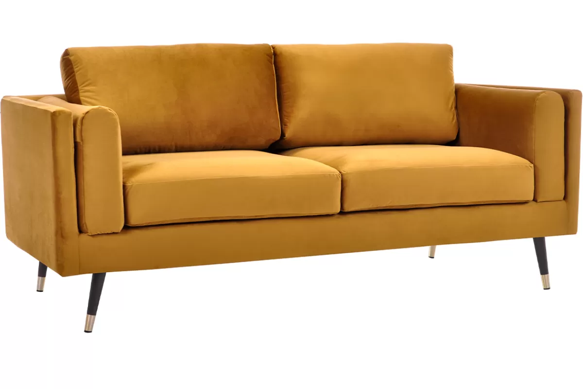 Miliboo Sofá De Diseño-Sofá moderno 2-3 plazas de terciopelo amarillo, madera negra y metal dorado STING