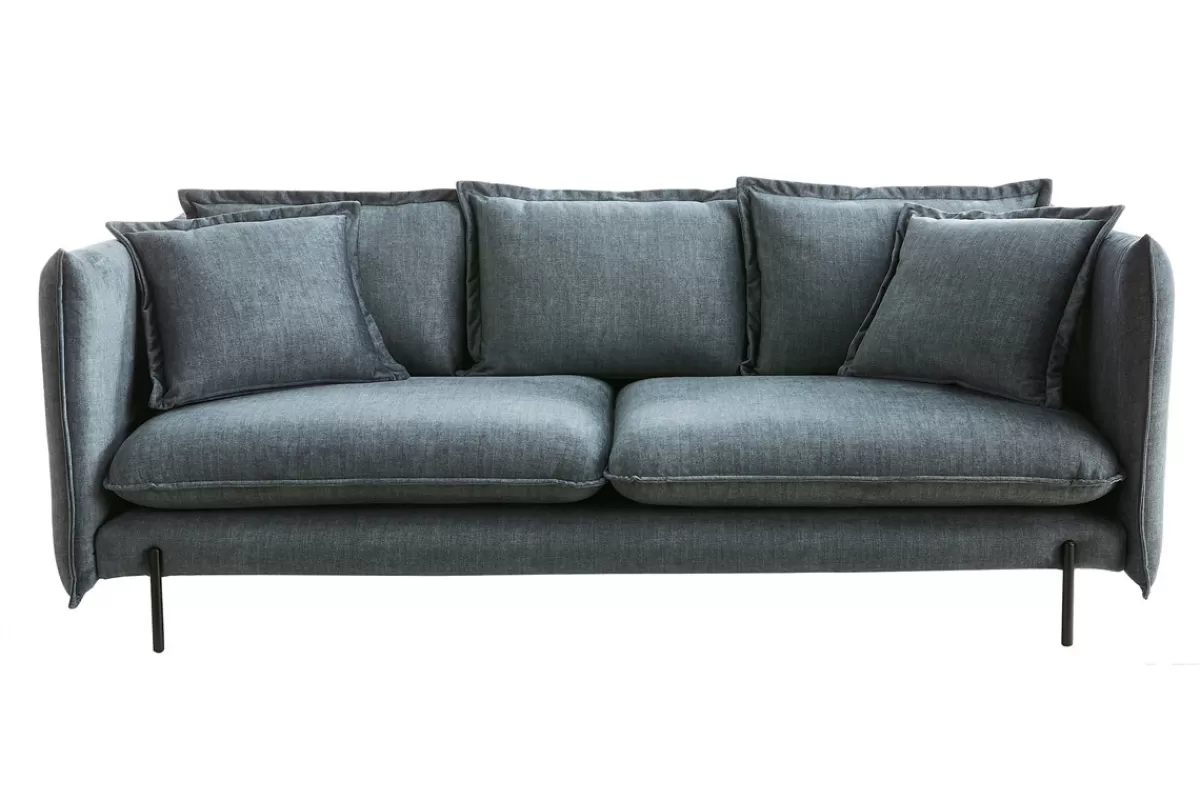 Miliboo Sofá De Diseño-Sofá moderno 3-4 plazas de terciopelo azul grisáceo y metal negro ALMAR