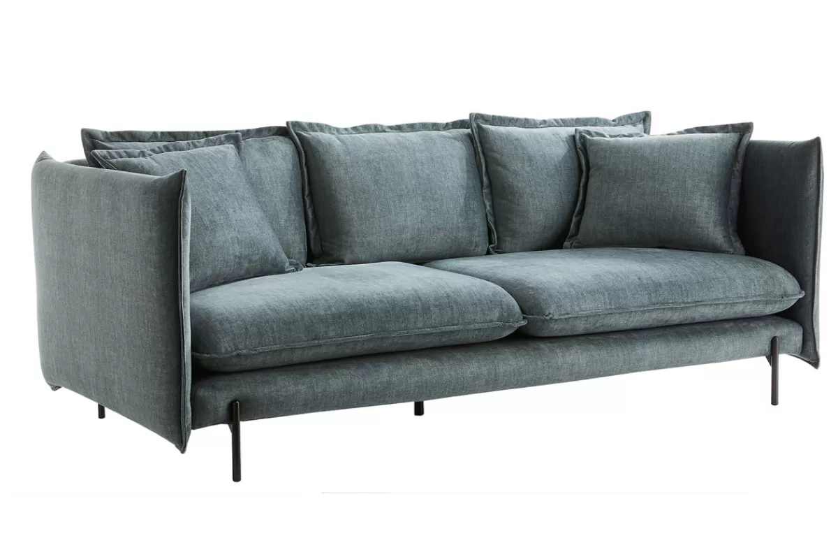 Miliboo Sofá De Diseño-Sofá moderno 3-4 plazas de terciopelo azul grisáceo y metal negro ALMAR