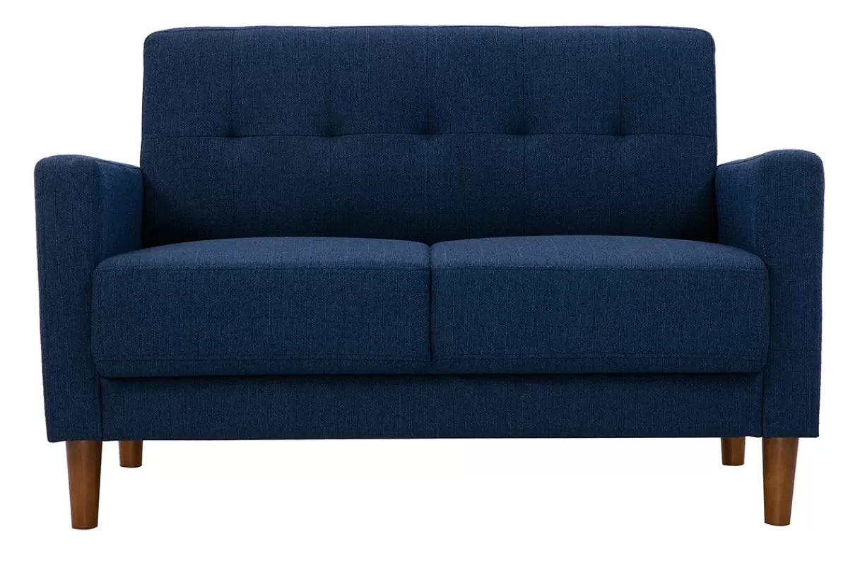 Miliboo Sofá De Diseño-Sofá nórdico 2 plazas de tejido azul oscuro y madera oscura MOON