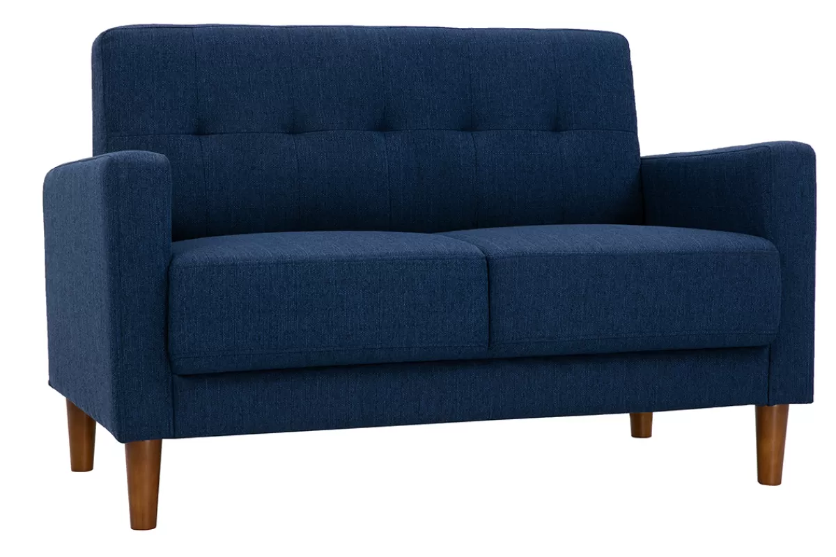 Miliboo Sofá De Diseño-Sofá nórdico 2 plazas de tejido azul oscuro y madera oscura MOON