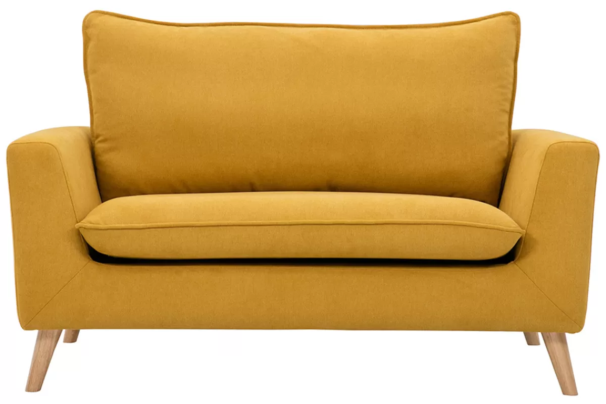 Miliboo Sofá De Diseño-Sofá nórdico 2 plazas de tejido efecto aterciopelado texturizado amarillo mostaza y madera clara JONAS