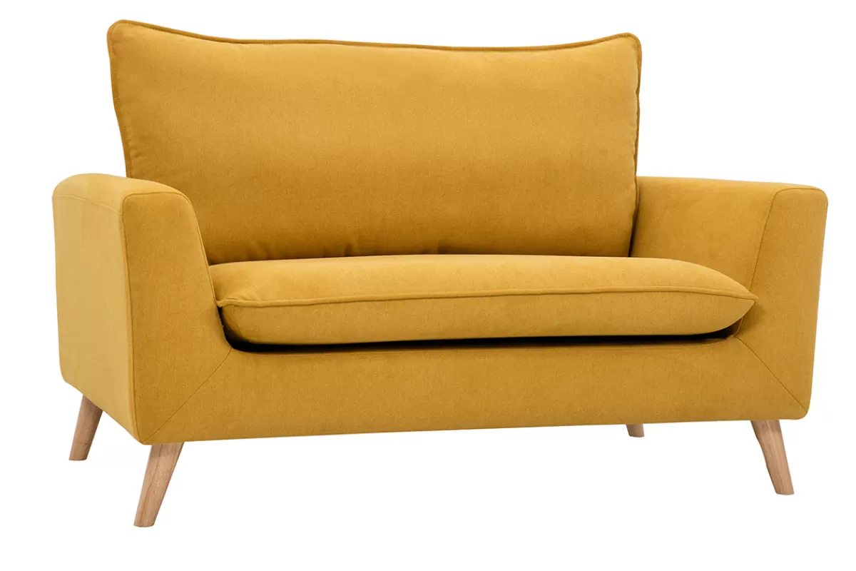 Miliboo Sofá De Diseño-Sofá nórdico 2 plazas de tejido efecto aterciopelado texturizado amarillo mostaza y madera clara JONAS