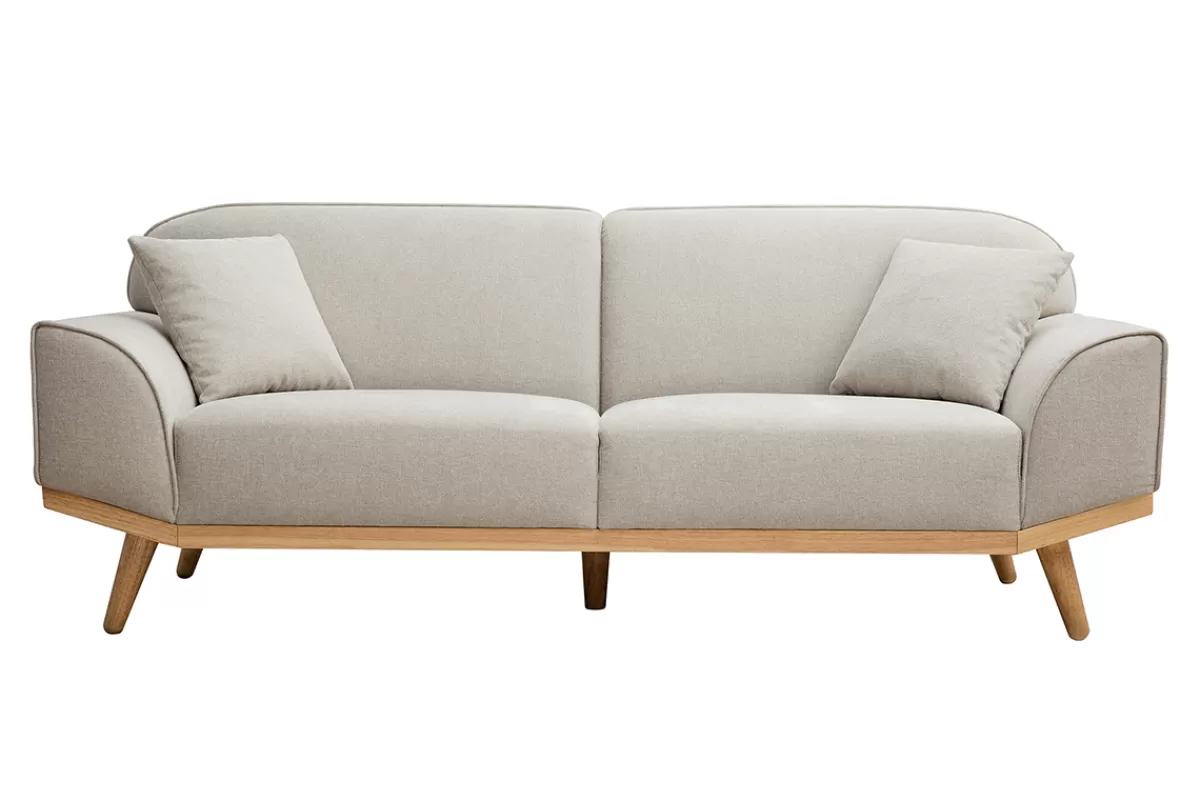 Miliboo Sofá De Diseño-Sofá nórdico 3 plazas de tejido efecto aterciopelado texturizado beige y madera clara FREEMA