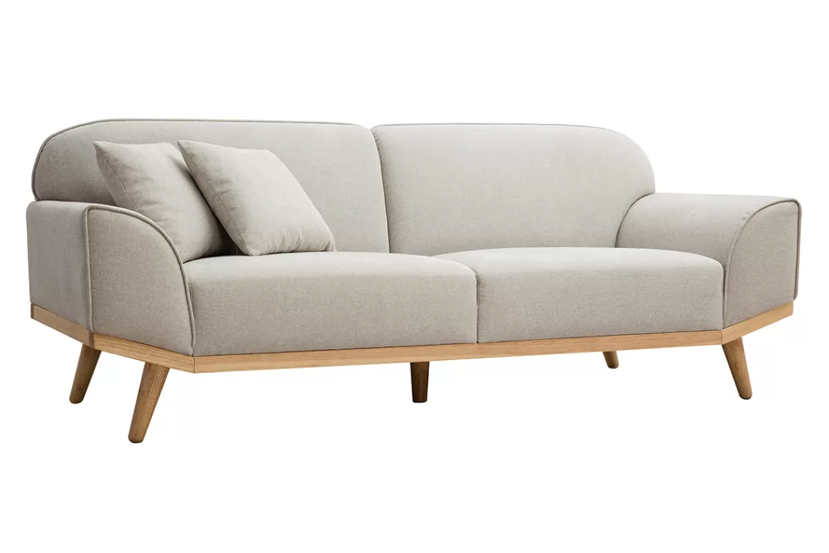Miliboo Sofá De Diseño-Sofá nórdico 3 plazas de tejido efecto aterciopelado texturizado beige y madera clara FREEMA