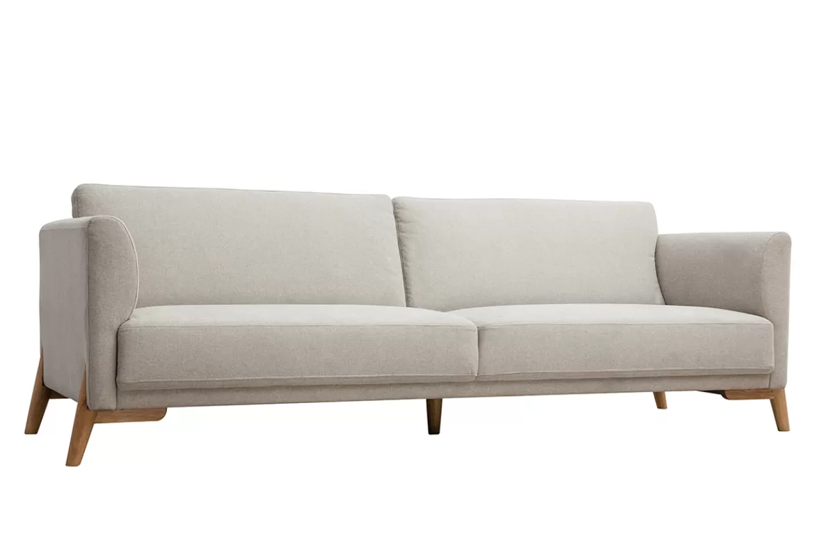 Miliboo Sofá De Diseño-Sofá nórdico 4 plazas de tejido efecto aterciopelado texturizado beige y madera clara SINDRO