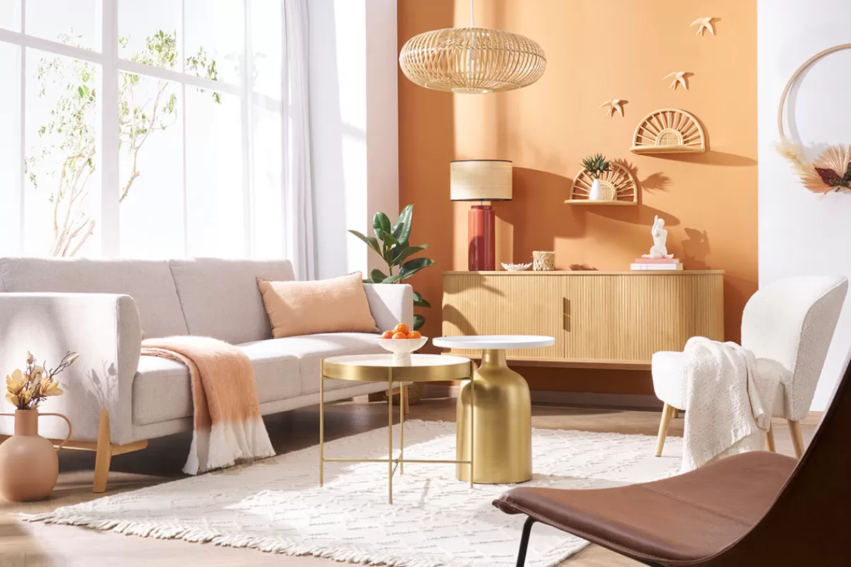 Miliboo Sofá De Diseño-Sofá nórdico 4 plazas de tejido efecto aterciopelado texturizado beige y madera clara SINDRO