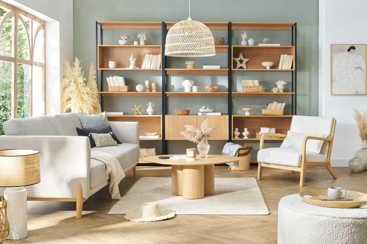 Miliboo Sofá De Diseño-Sofá nórdico 4 plazas de tejido efecto aterciopelado texturizado beige y madera clara SINDRO