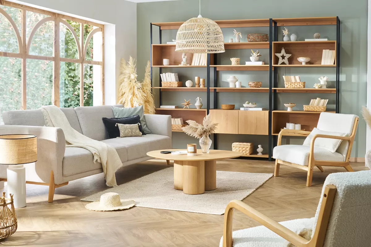 Miliboo Sofá De Diseño-Sofá nórdico 4 plazas de tejido efecto aterciopelado texturizado beige y madera clara SINDRO
