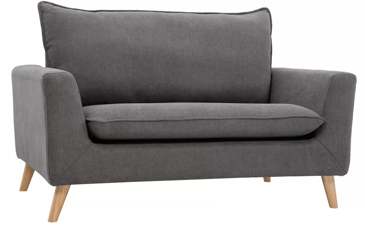 Miliboo Sofá De Diseño-Sofá nórdico 2 plazas de tejido efecto aterciopelado texturizado gris claro y madera clara JONAS