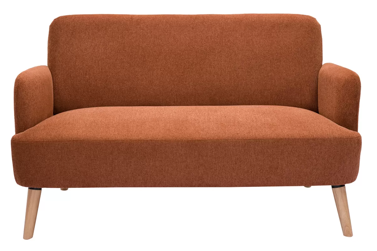 Miliboo Sofá De Diseño-Sofá nórdico 2 plazas de tejido efecto aterciopelado texturizado terracota y madera clara ISKO