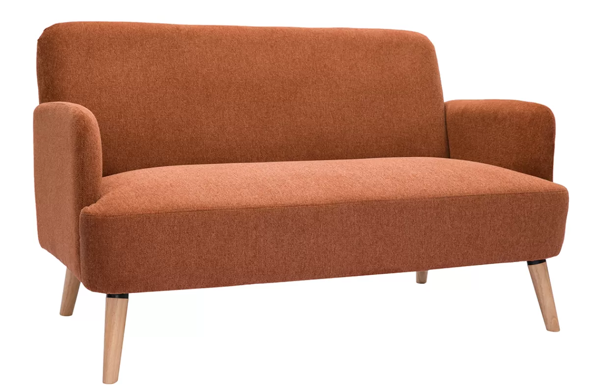Miliboo Sofá De Diseño-Sofá nórdico 2 plazas de tejido efecto aterciopelado texturizado terracota y madera clara ISKO