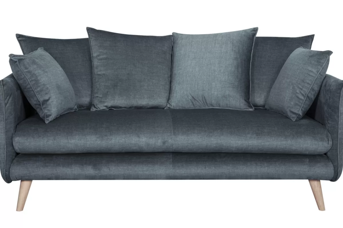 Miliboo Sofá De Diseño-Sofá nórdico 3 plazas de tela azul grisáceo y madera clara OLYMPIA