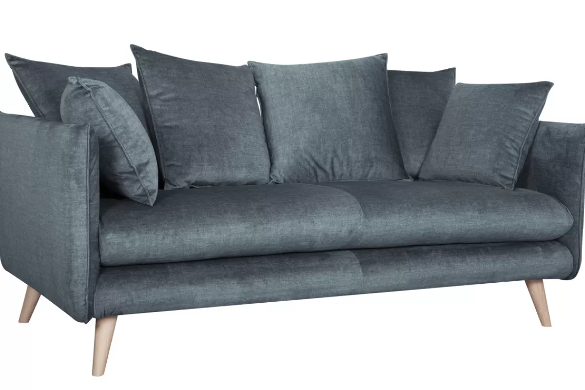 Miliboo Sofá De Diseño-Sofá nórdico 3 plazas de tela azul grisáceo y madera clara OLYMPIA